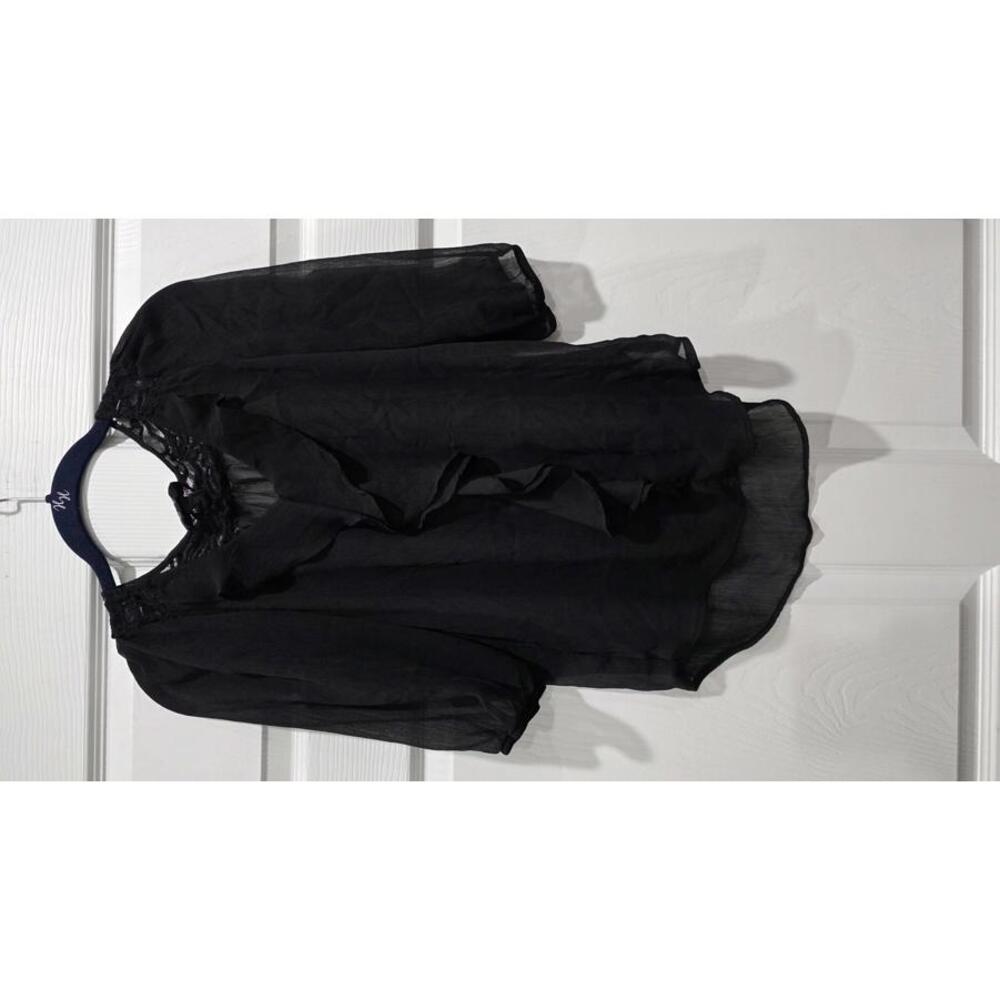 Chic Black Sheer Ruffle Blouse - Medium